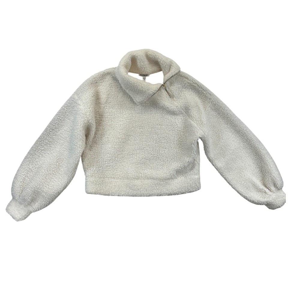 Express Sherpa Pullover Womens XS Cream Faux Fur Quarter Zip Balloon Sleeve